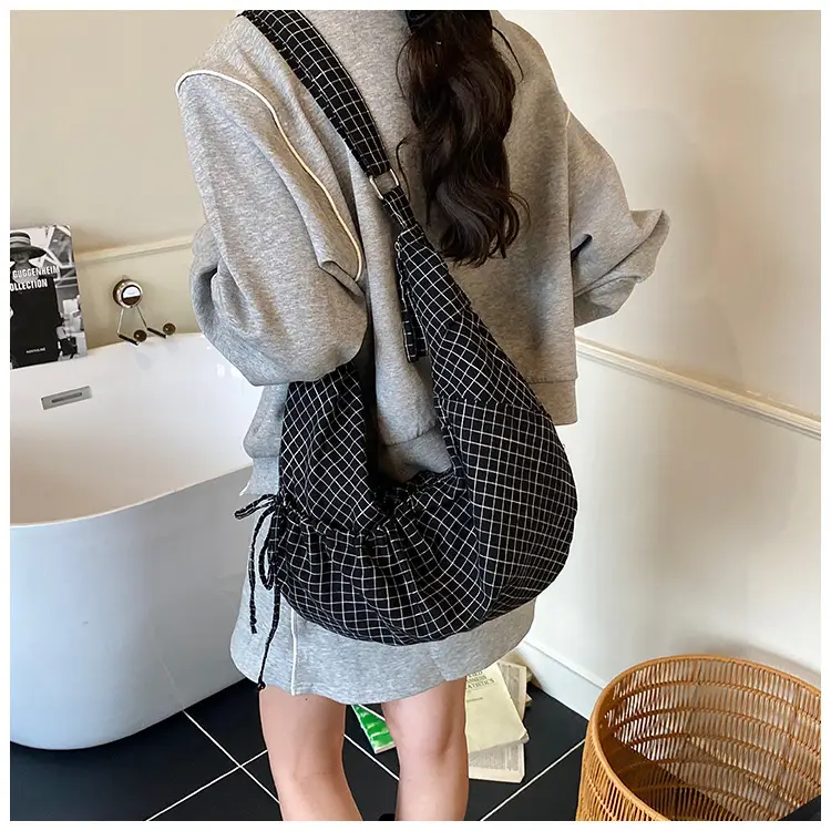 Drawstring Canvas Bag Plaid Design Women's Commuter Bag — feature 12