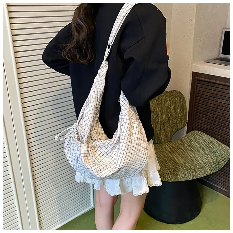 Drawstring Canvas Bag Plaid Design Women's Commuter Bag — feature 13