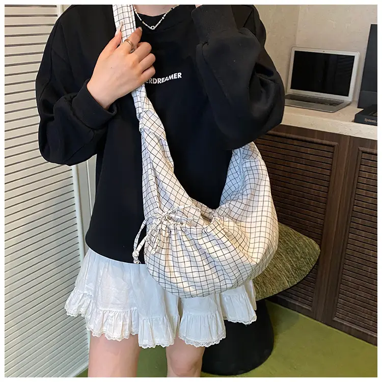 Drawstring Canvas Bag Plaid Design Women's Commuter Bag — feature 14