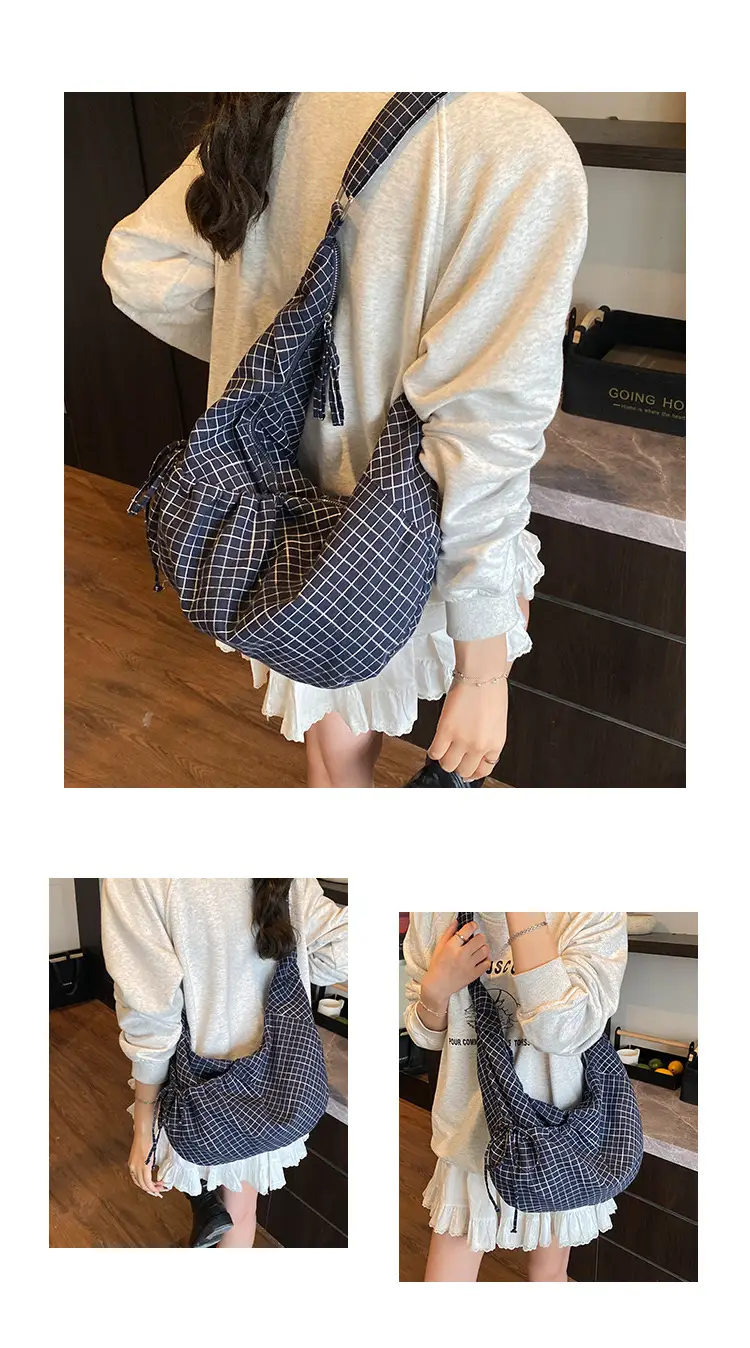 Drawstring Canvas Bag Plaid Design Women's Commuter Bag — feature 4