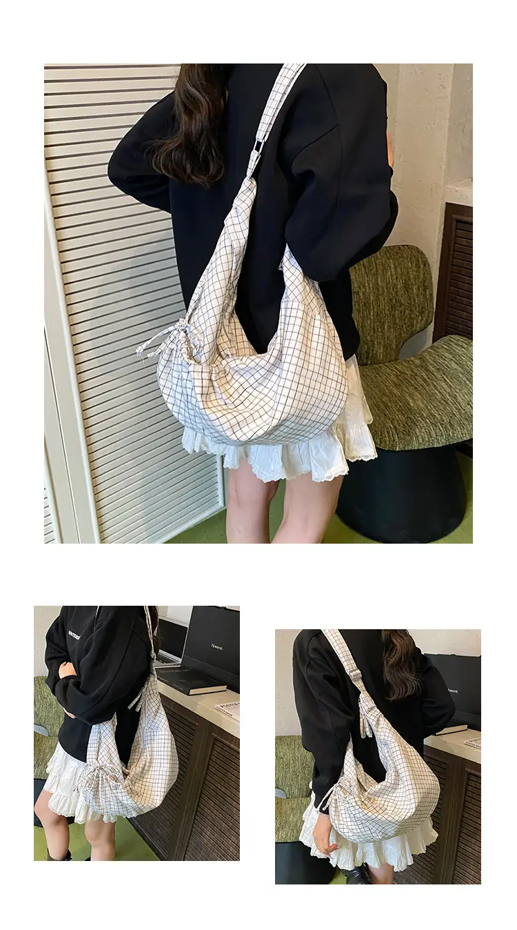 Drawstring Canvas Bag Plaid Design Women's Commuter Bag — feature 5