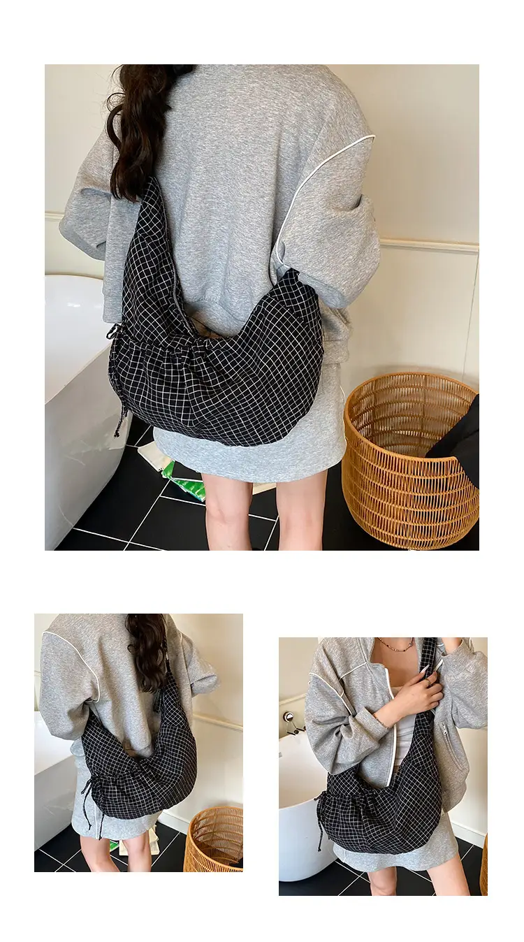Drawstring Canvas Bag Plaid Design Women's Commuter Bag — feature 6
