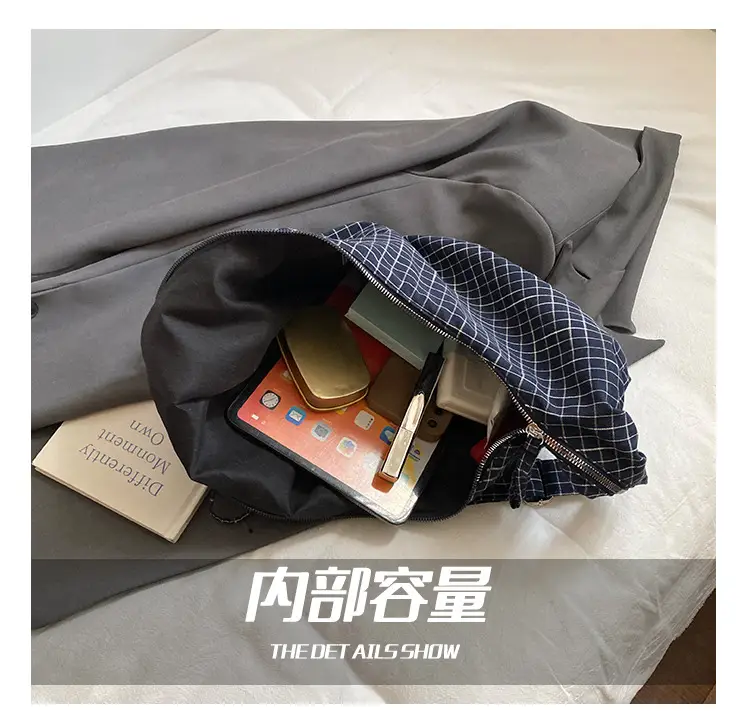 Drawstring Canvas Bag Plaid Design Women's Commuter Bag — feature 7