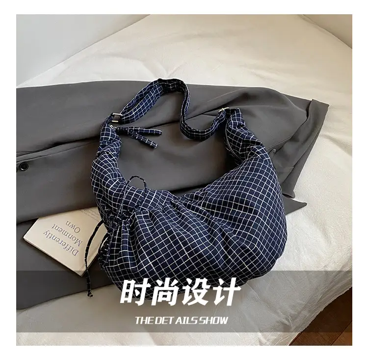 Drawstring Canvas Bag Plaid Design Women's Commuter Bag — feature 8