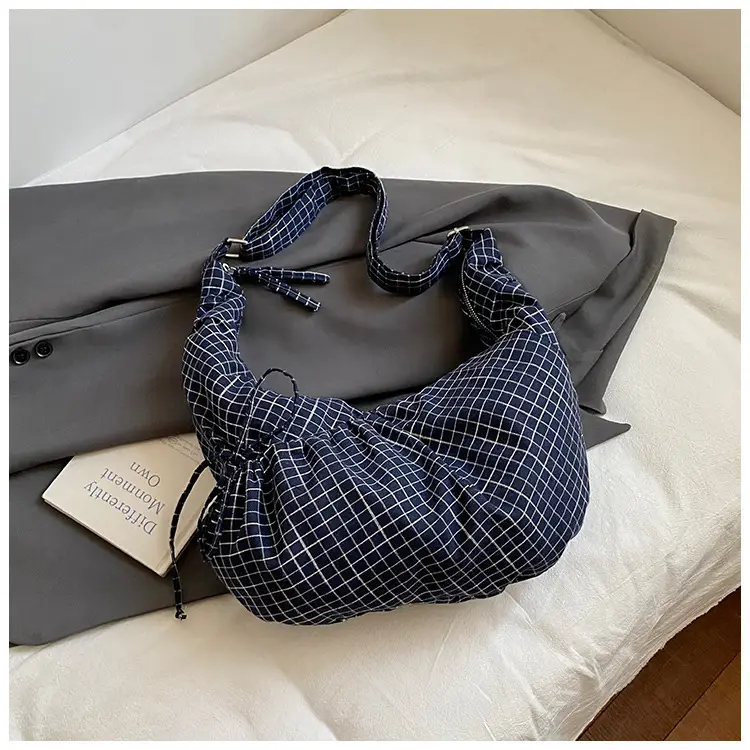 Drawstring Canvas Bag Plaid Design Women's Commuter Bag - Image 2