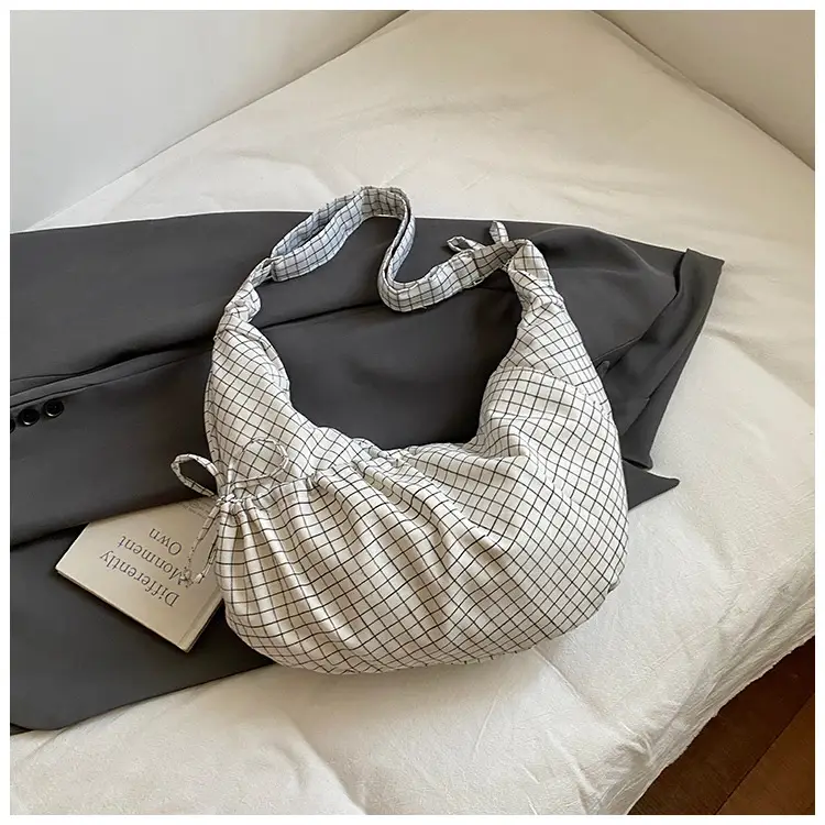 Drawstring Canvas Bag Plaid Design Women's Commuter Bag - Image 3