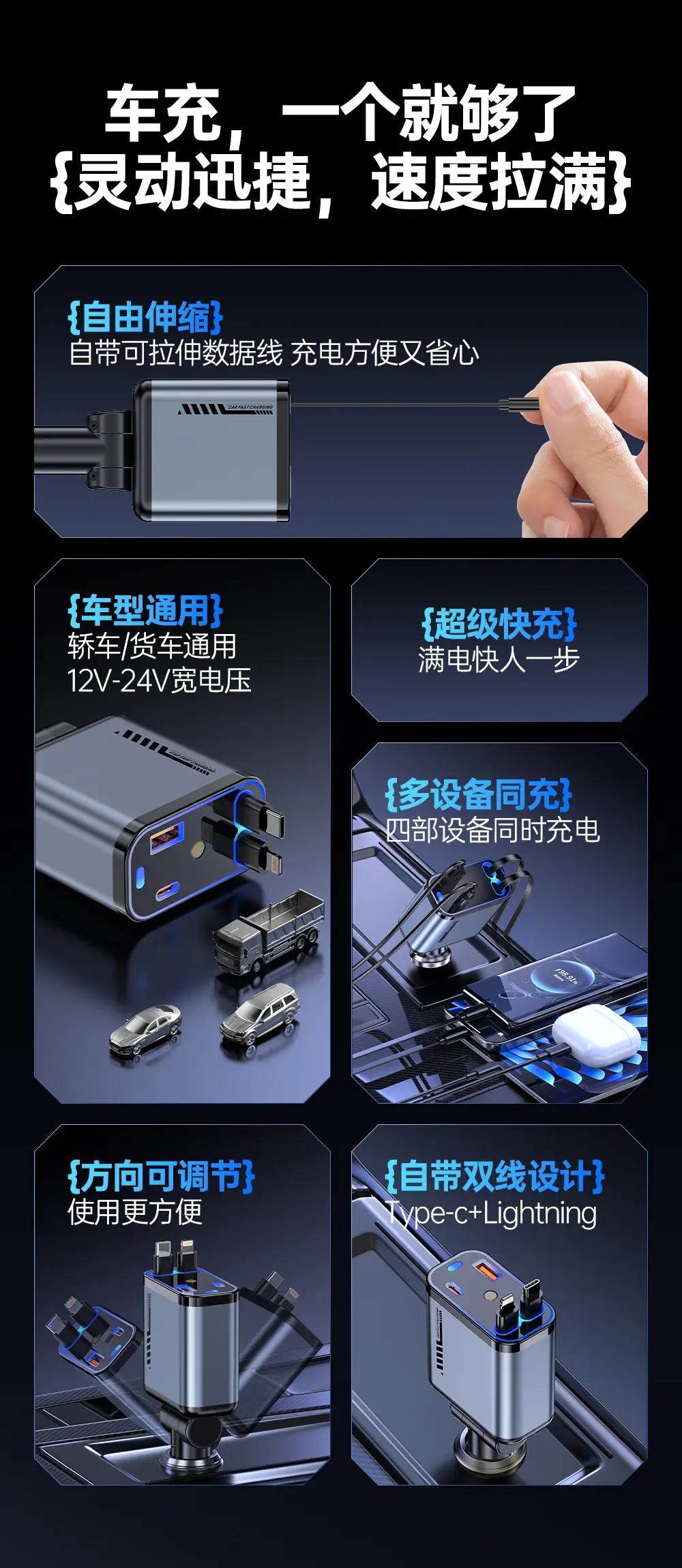 120W Car Charger with Laser Light & Retractable Cable — feature 2