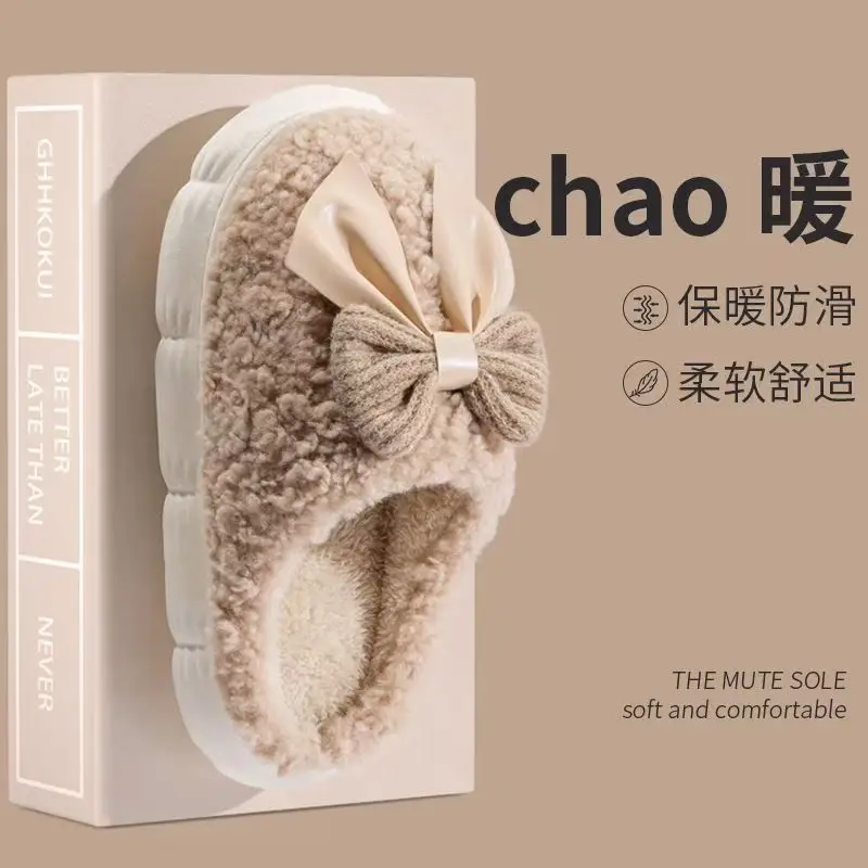 Autumn Winter Cotton Bow Slippers for Men Women