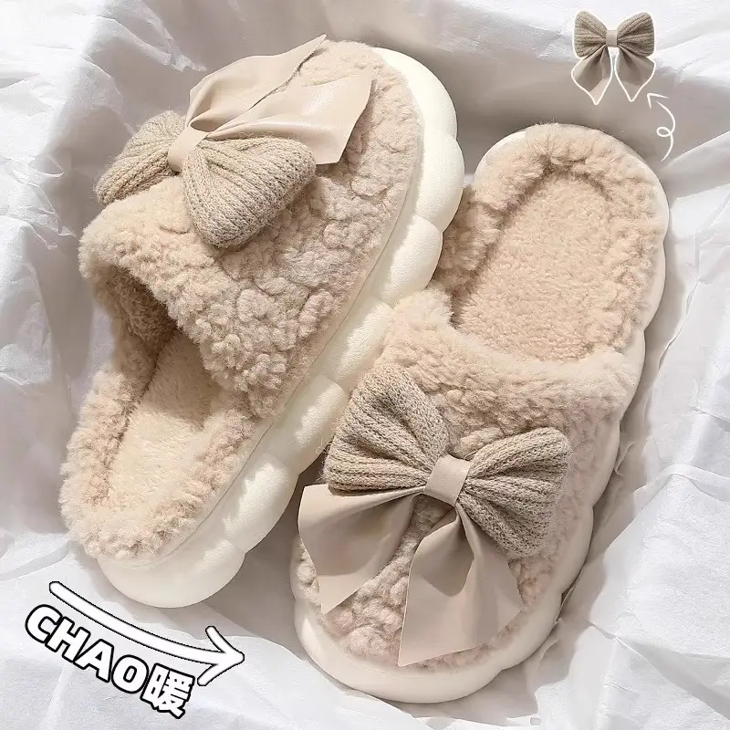 Autumn Winter Cotton Bow Slippers for Men Women