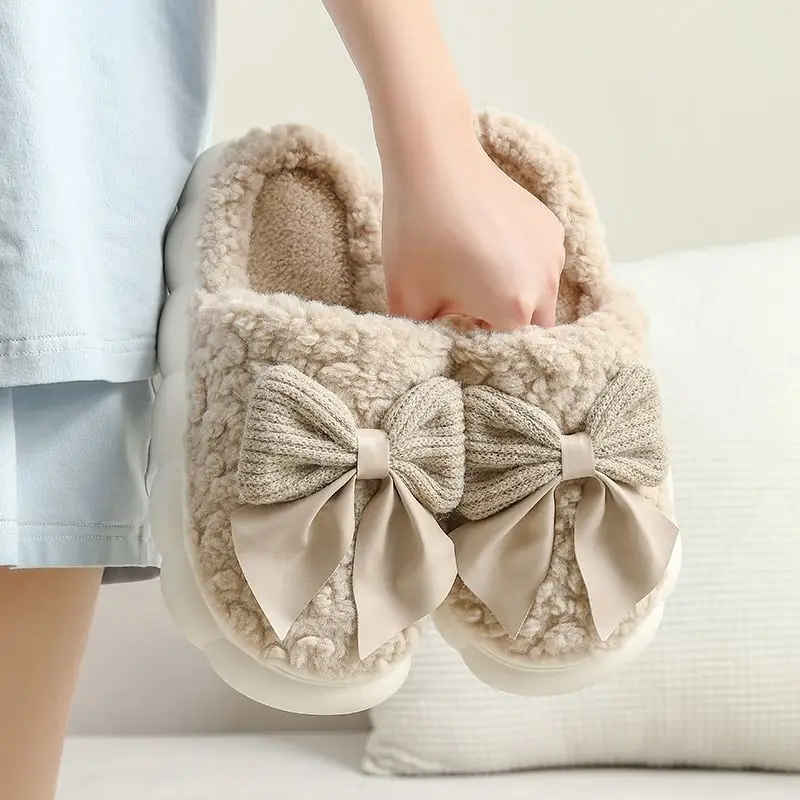 Autumn Winter Cotton Bow Slippers for Men Women