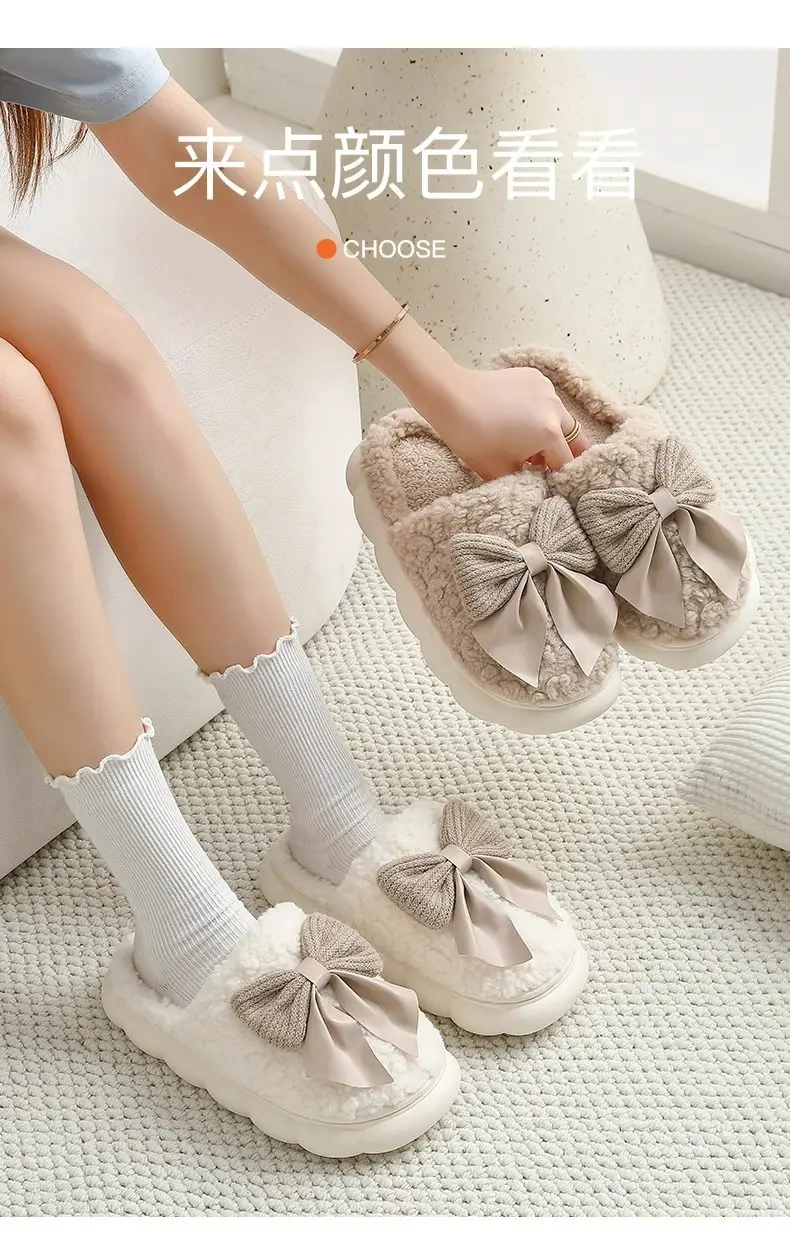 Autumn Winter Cotton Bow Slippers for Men Women — feature 12