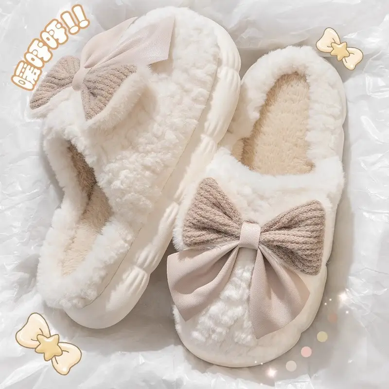 Autumn Winter Cotton Bow Slippers for Men Women