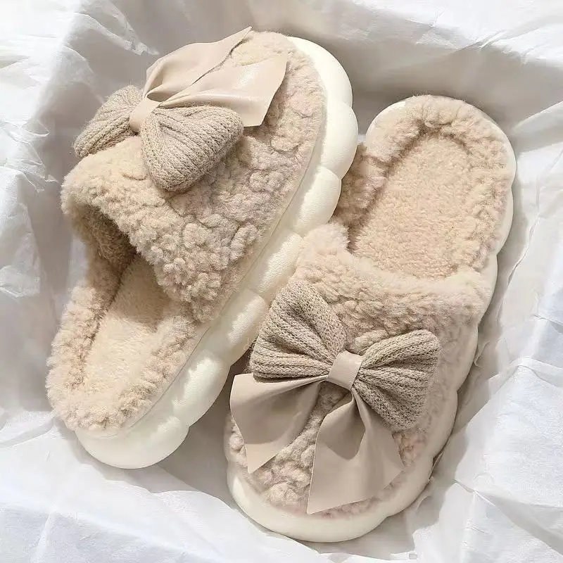 Autumn Winter Cotton Bow Slippers for Men Women
