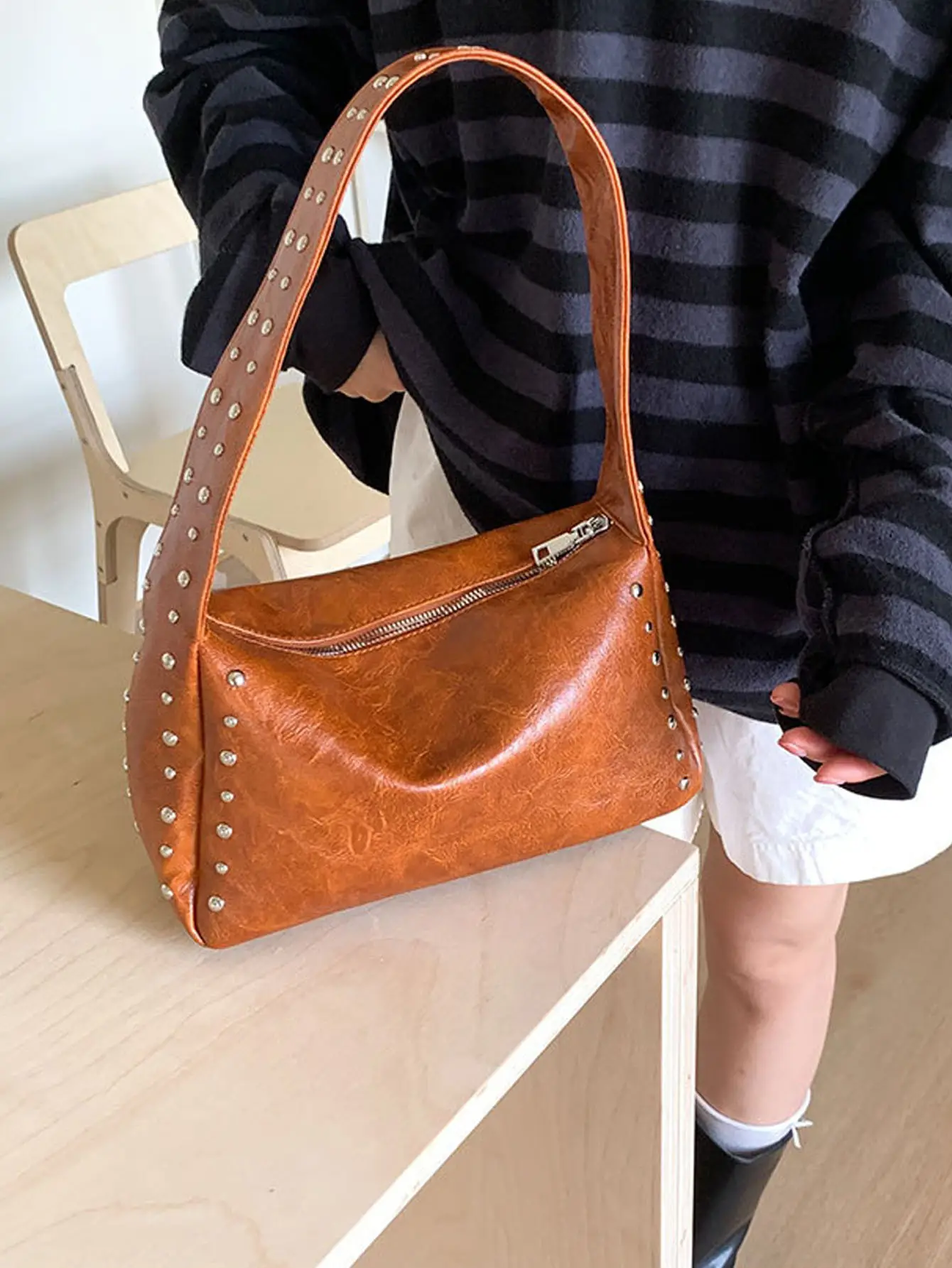Black Rivet Handbag for Women 2026 Spring Summer
