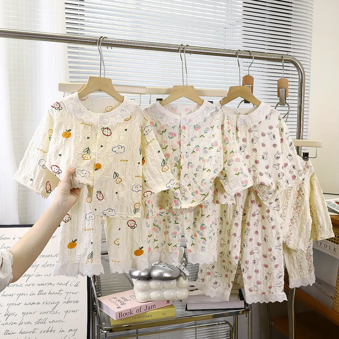 Girls' Pajamas, Kidsren's Spring, Autumn and Summer Long-Sleeved Thin Home Clothes, Girls' Baby Time Cotton Korean Style Air-Conditioned Clothing Set