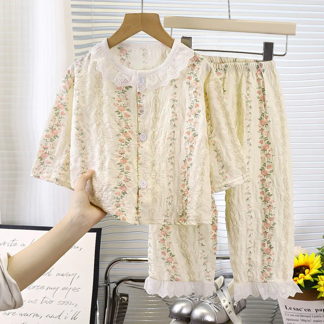 Girls' Pajamas, Kidsren's Spring, Autumn and Summer Long-Sleeved Thin Home Clothes, Girls' Baby Time Cotton Korean Style Air-Conditioned Clothing Set