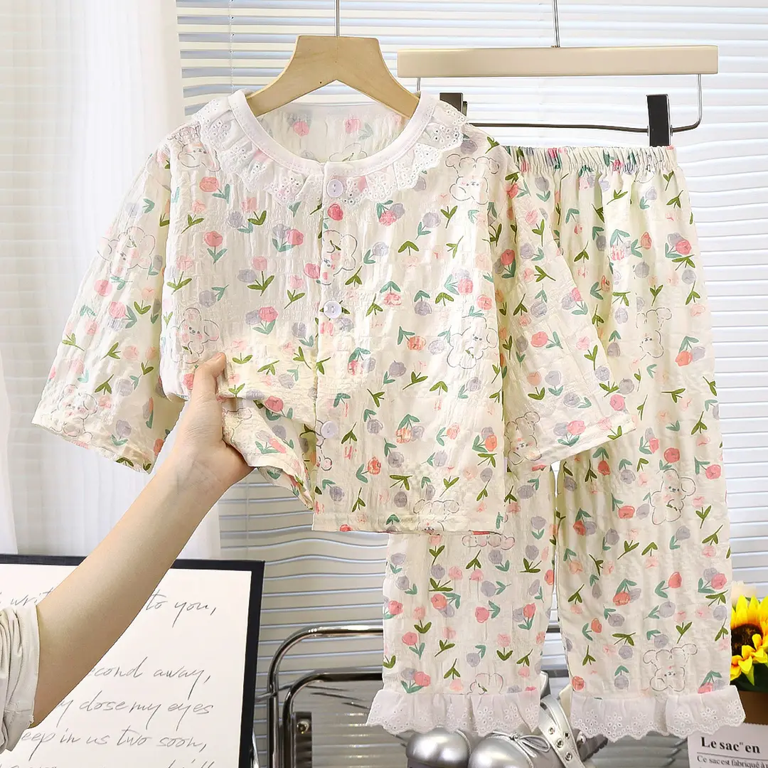 Girls' Pajamas, Kidsren's Spring, Autumn and Summer Long-Sleeved Thin Home Clothes, Girls' Baby Time Cotton Korean Style Air-Conditioned Clothing Set