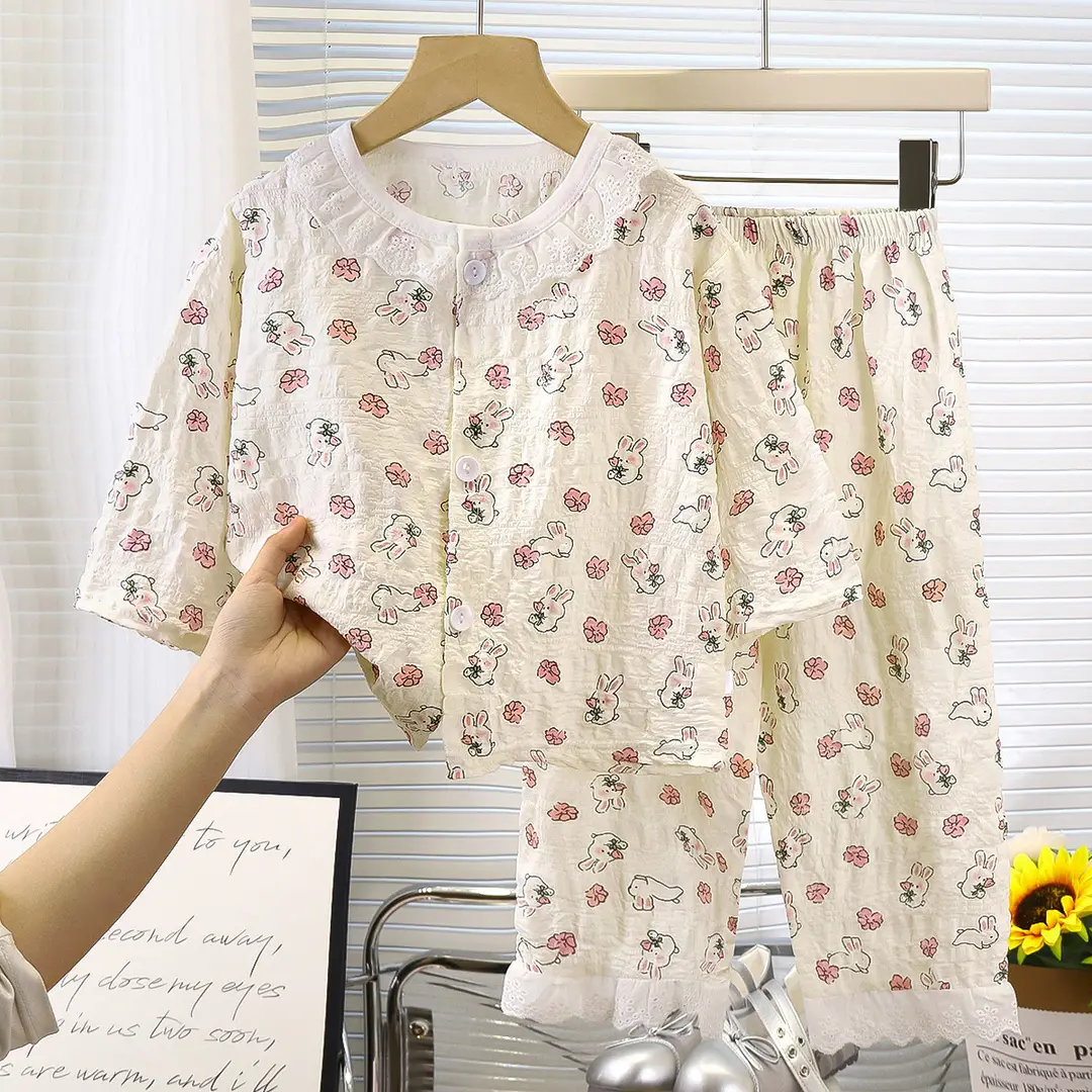 Girls' Pajamas, Kidsren's Spring, Autumn and Summer Long-Sleeved Thin Home Clothes, Girls' Baby Time Cotton Korean Style Air-Conditioned Clothing Set