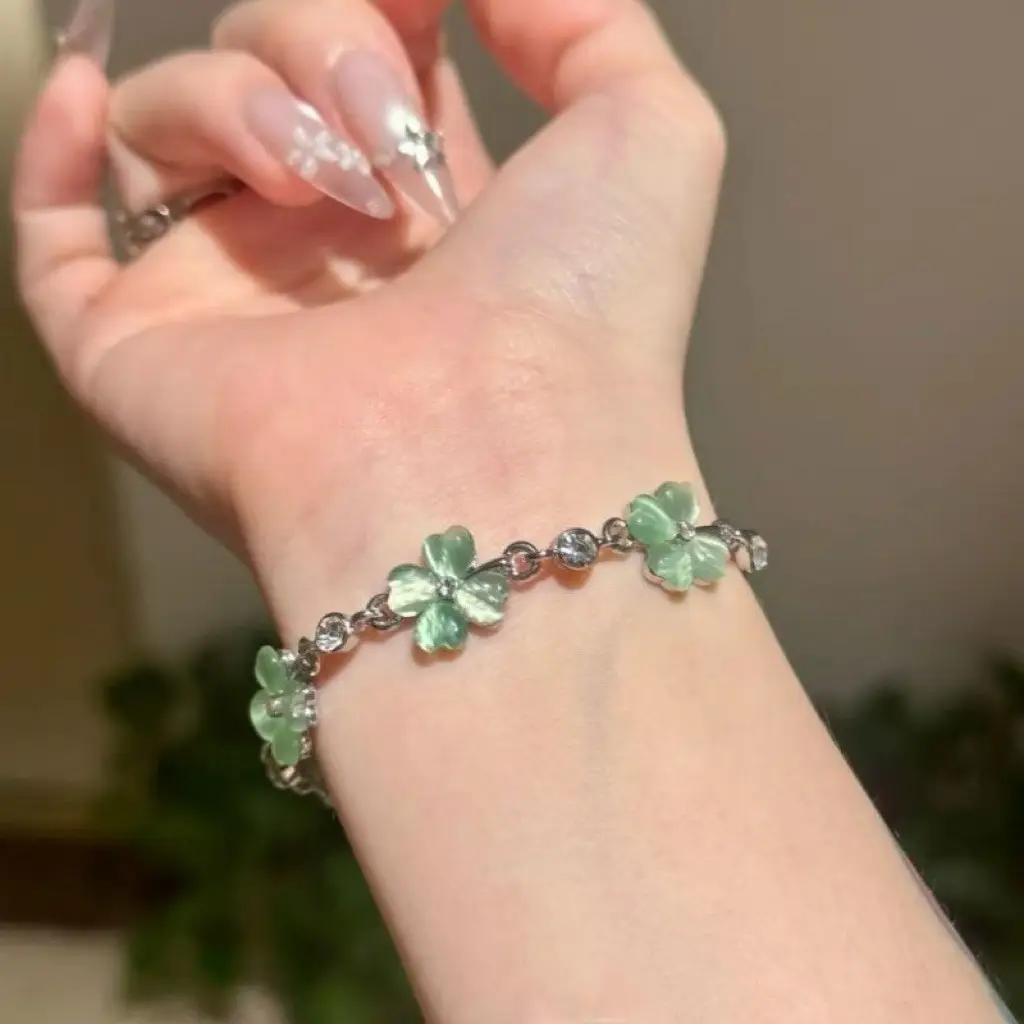 Four-Leaf Clover Lucky Bracelet Set Green Silver — feature 3