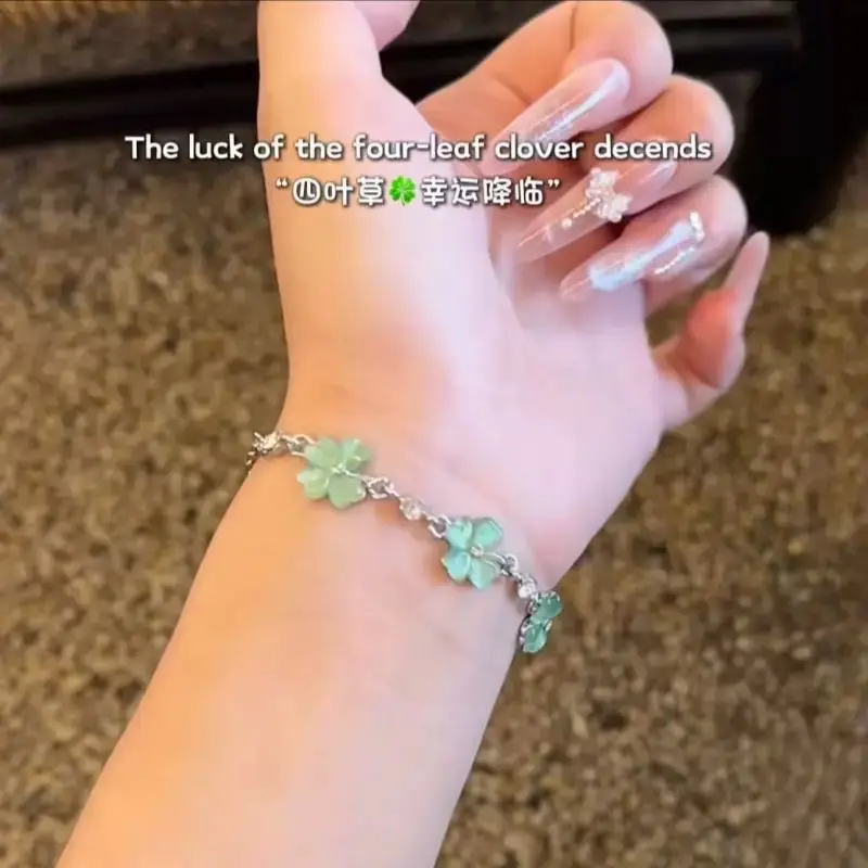 Four-Leaf Clover Lucky Bracelet Set Green Silver — feature 6