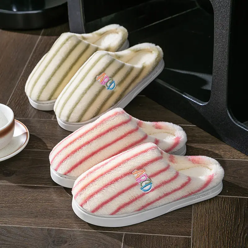 New Simple Striped Cotton Slippers, Non-Slip and Warm, Winter Baotou Household Plush Cotton Slippers, Women's Home Wool Slippers