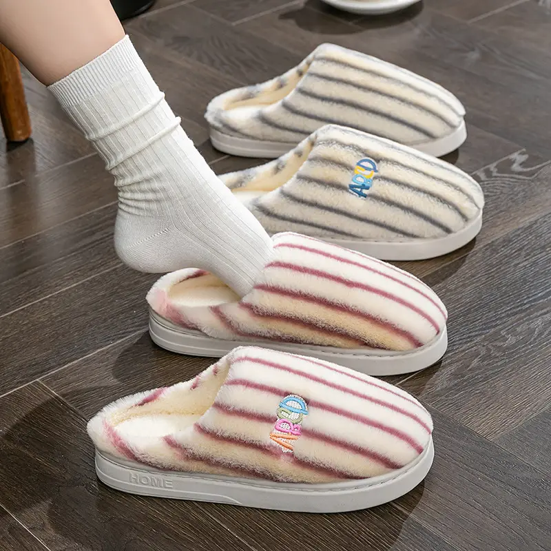New Simple Striped Cotton Slippers, Non-Slip and Warm, Winter Baotou Household Plush Cotton Slippers, Women's Home Wool Slippers