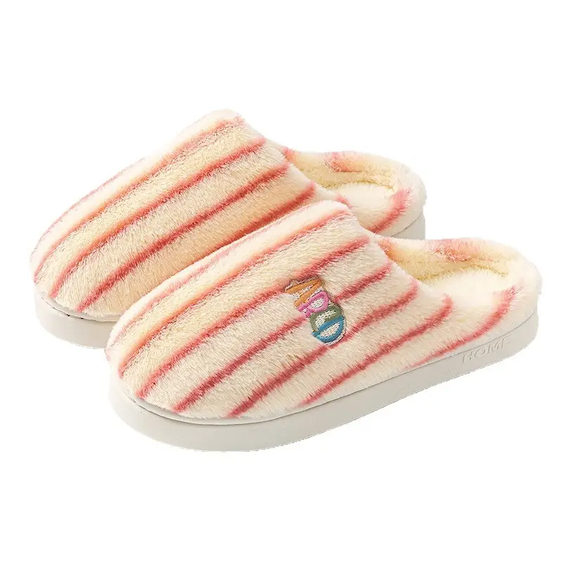 New Simple Striped Cotton Slippers, Non-Slip and Warm, Winter Baotou Household Plush Cotton Slippers, Women's Home Wool Slippers