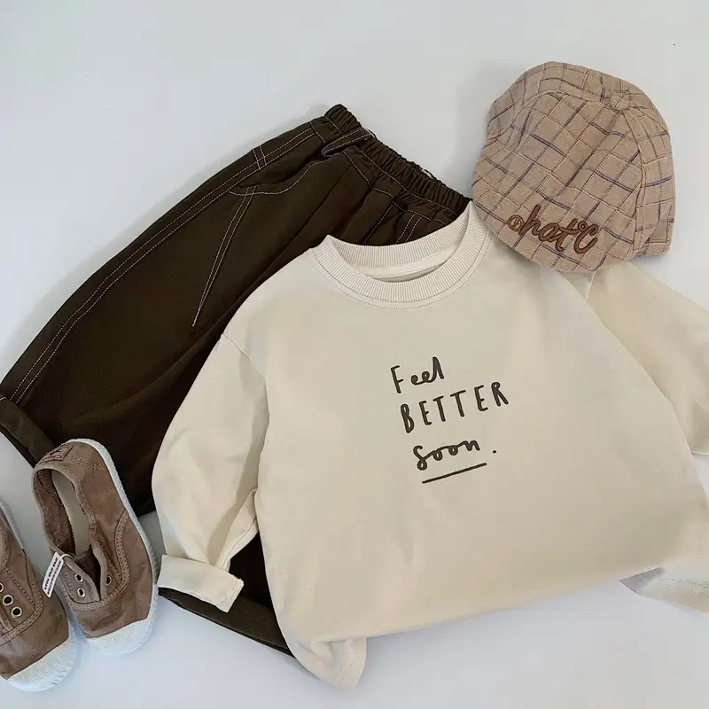Beige Cotton Long Sleeve T-Shirt for Boys Spring Autumn Style - Image 3