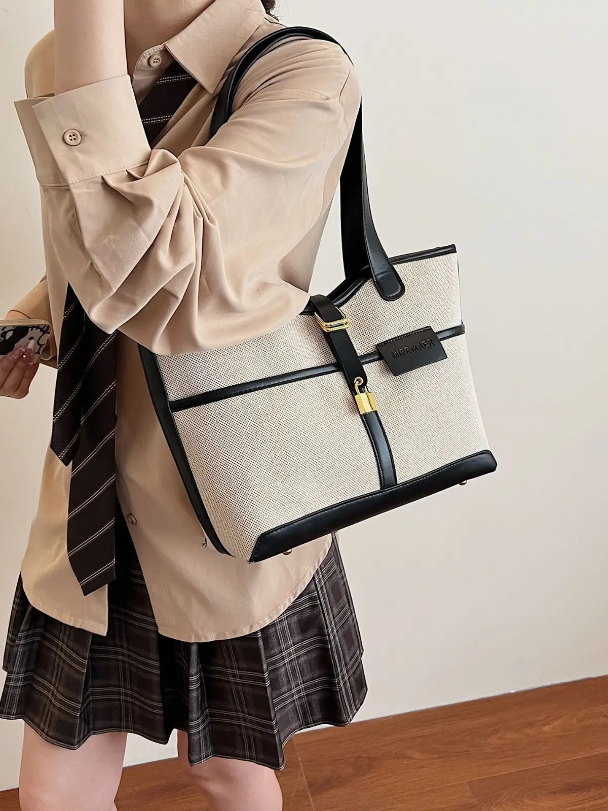 Women Cross-Border Tote Bag Brown Beige Leather Strap Large Capacity - Image 5