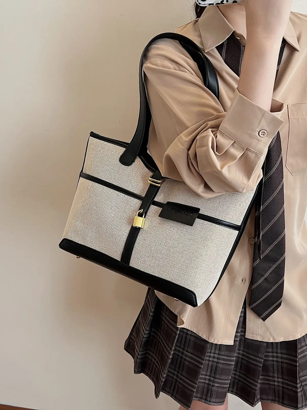 Women Cross-Border Tote Bag Brown Beige Leather Strap Large Capacity - Image 6