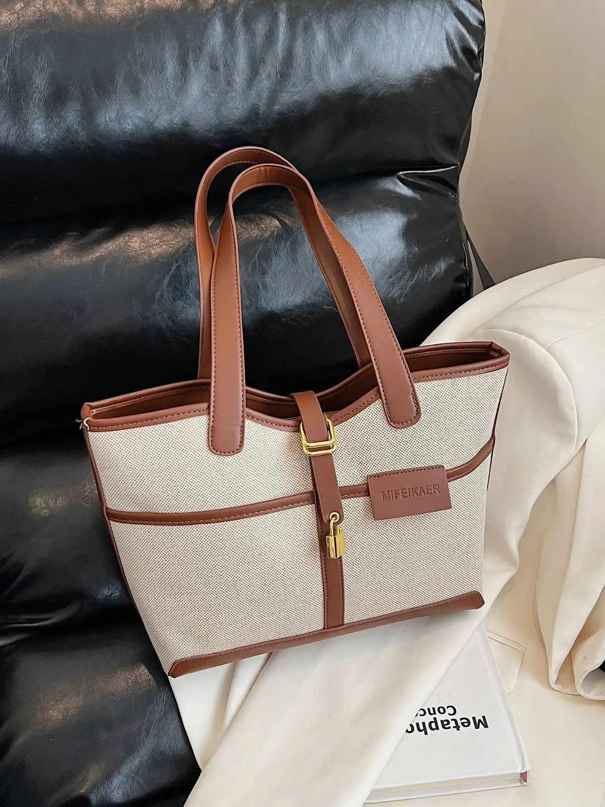 Women Cross-Border Tote Bag Brown Beige Leather Strap Large Capacity - Image 7
