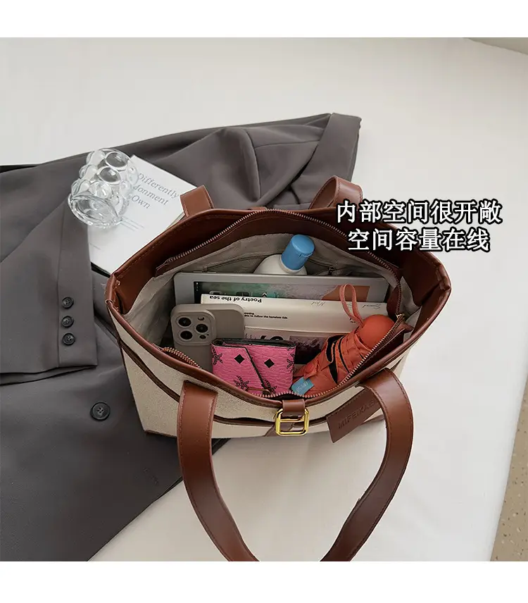 Women Cross-Border Tote Bag Brown Beige Leather Strap Large Capacity — feature 12