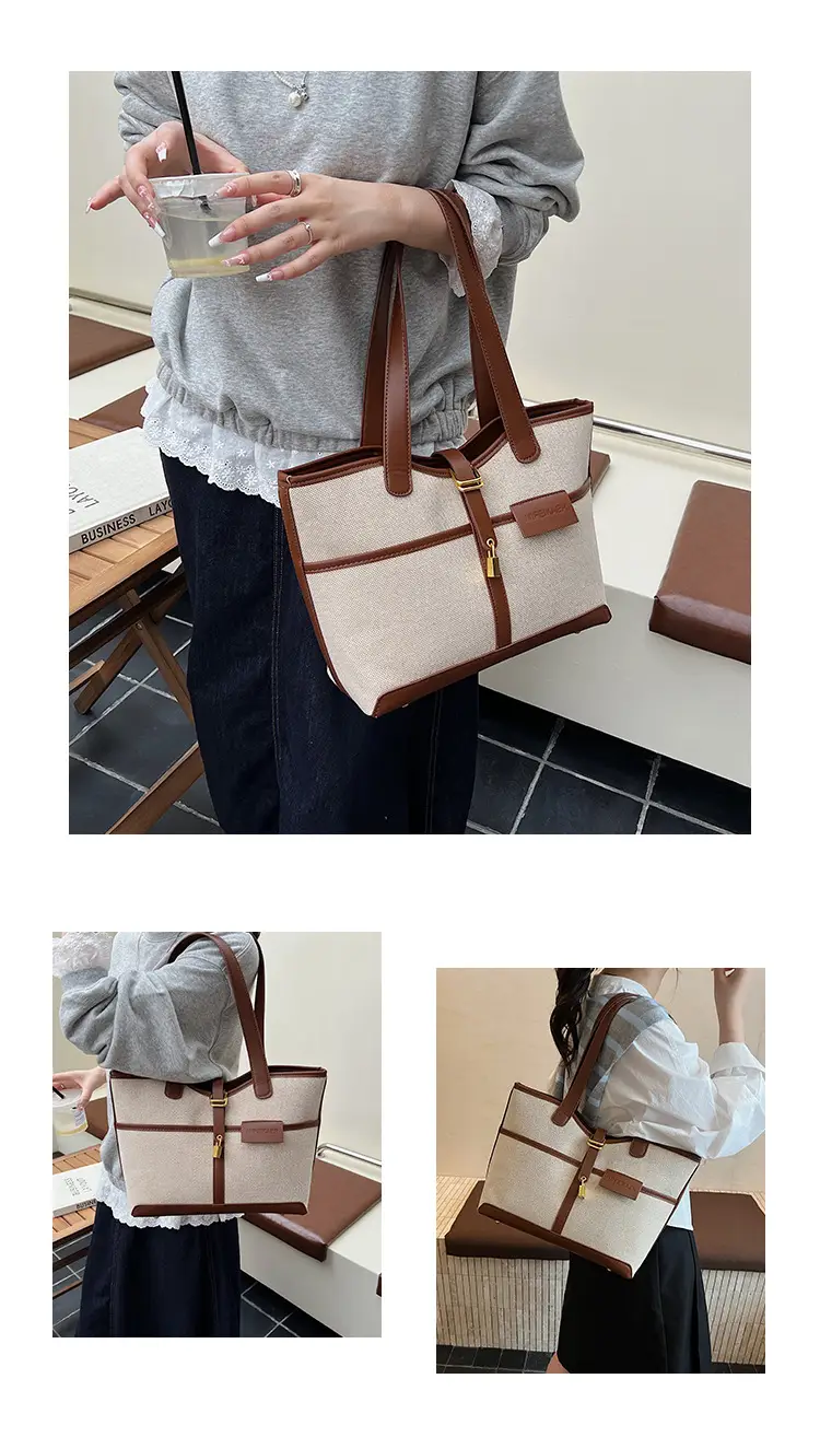 Women Cross-Border Tote Bag Brown Beige Leather Strap Large Capacity — feature 13