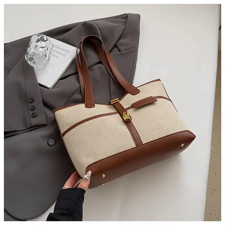 Women Cross-Border Tote Bag Brown Beige Leather Strap Large Capacity — feature 16