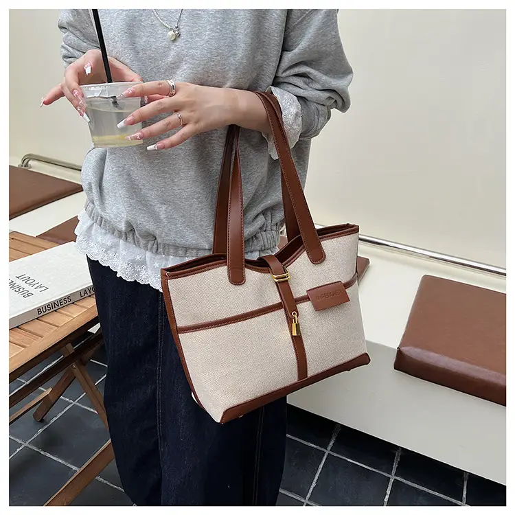 Women Cross-Border Tote Bag Brown Beige Leather Strap Large Capacity — feature 3