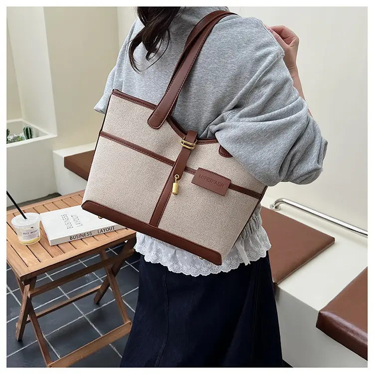 Women Cross-Border Tote Bag Brown Beige Leather Strap Large Capacity — feature 4