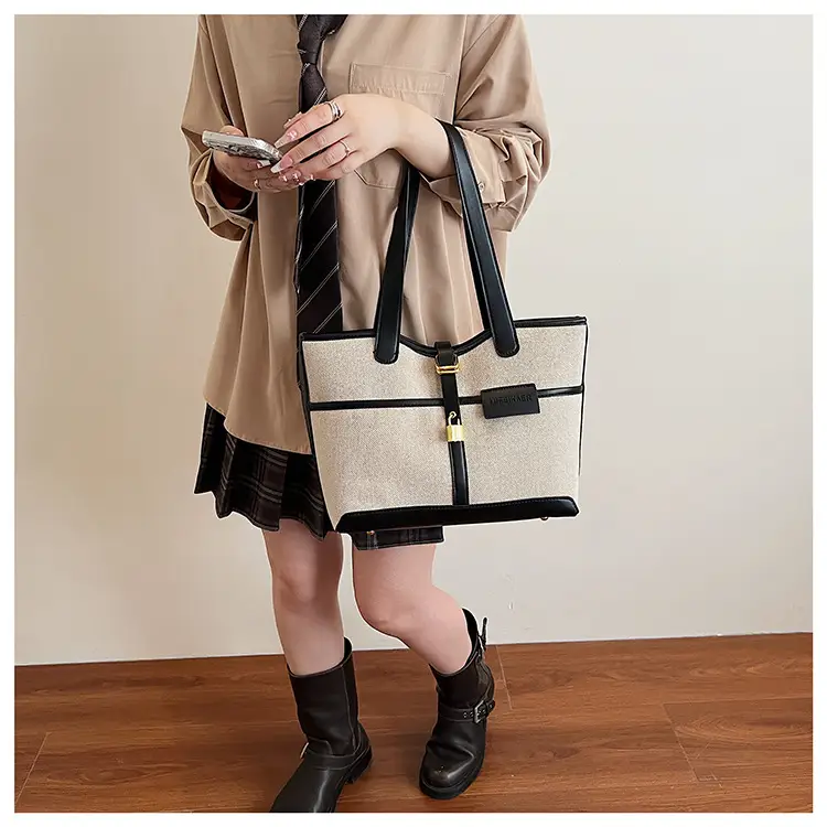 Women Cross-Border Tote Bag Brown Beige Leather Strap Large Capacity — feature 5