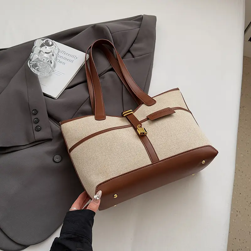 Women Cross-Border Tote Bag Brown Beige Leather Strap Large Capacity - Image 2