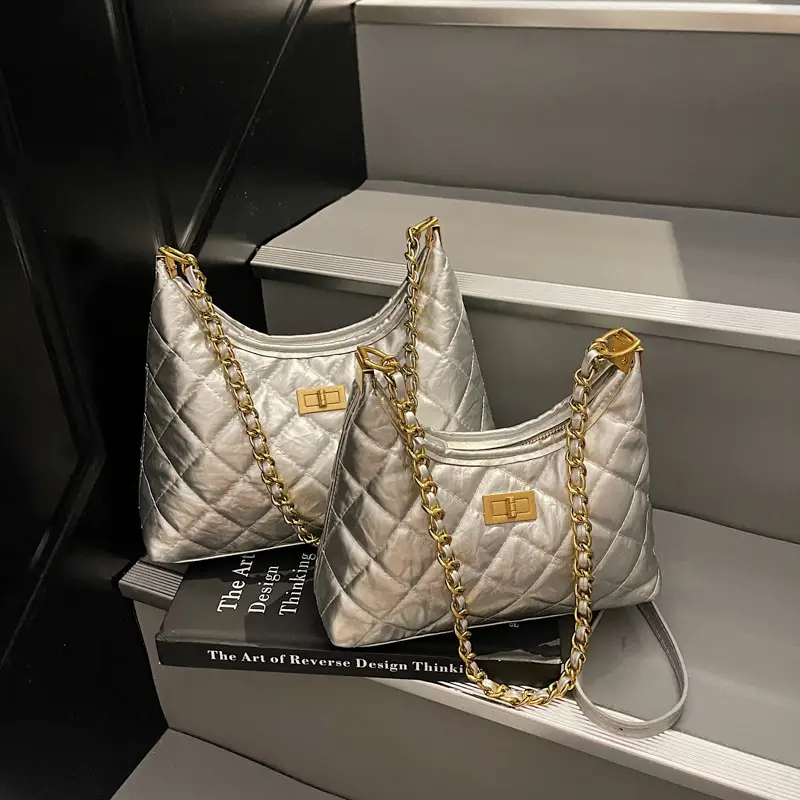 Silver Quilted Chain Tote Bag for Women 2025 - Image 2