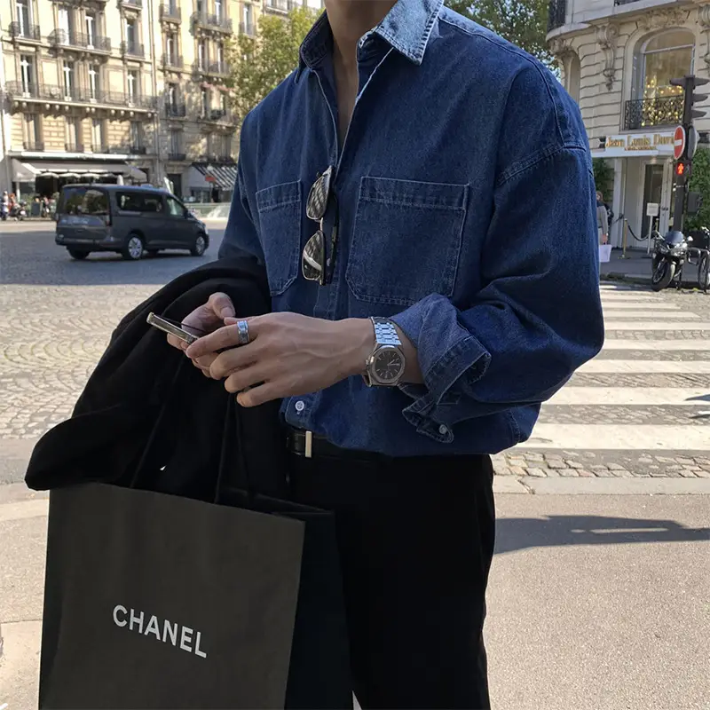 Long Sleeve Denim Shirt Dark Blue Men High End Tension Wear