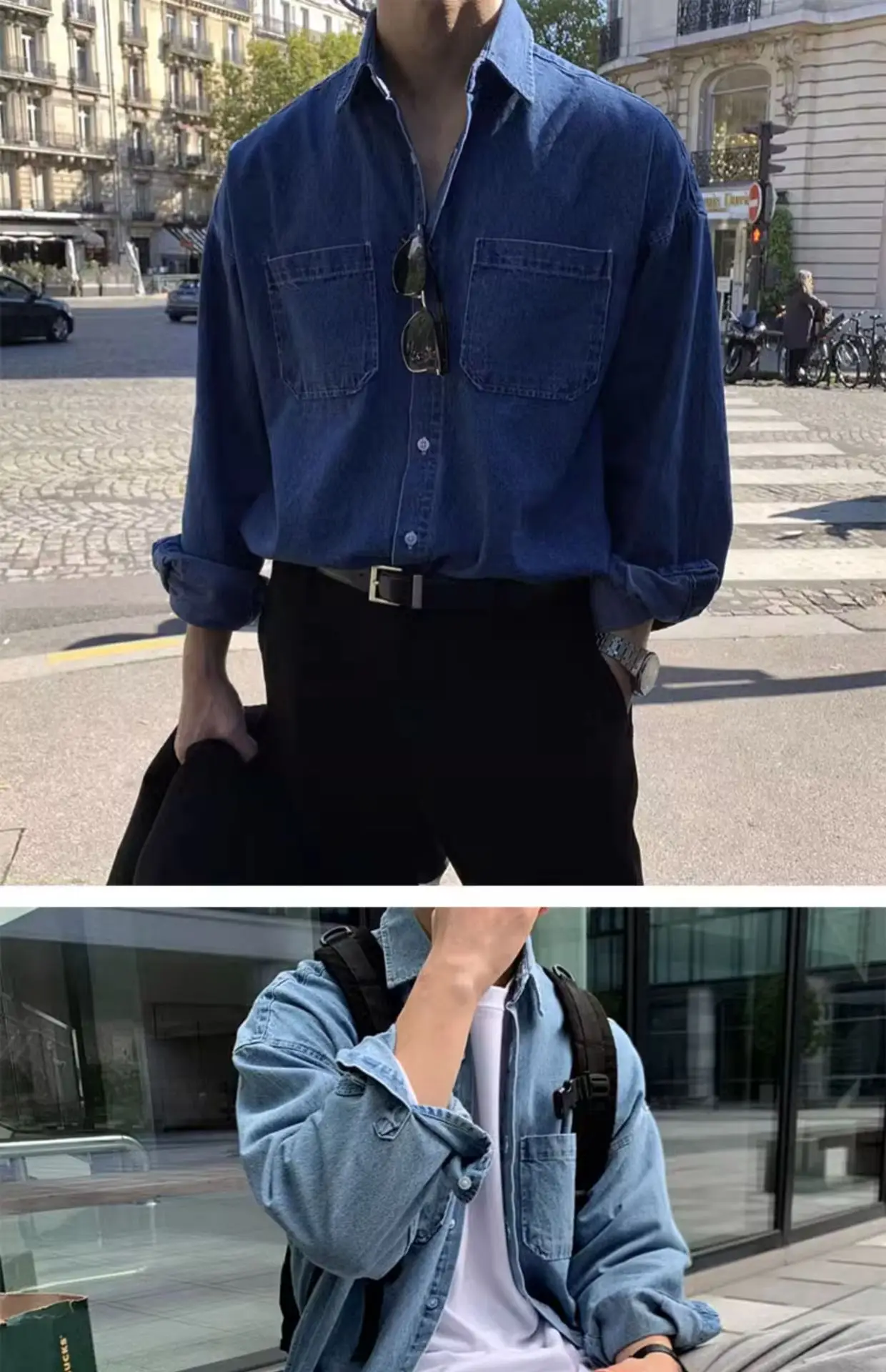Long Sleeve Denim Shirt Dark Blue Men High End Tension Wear — feature 9