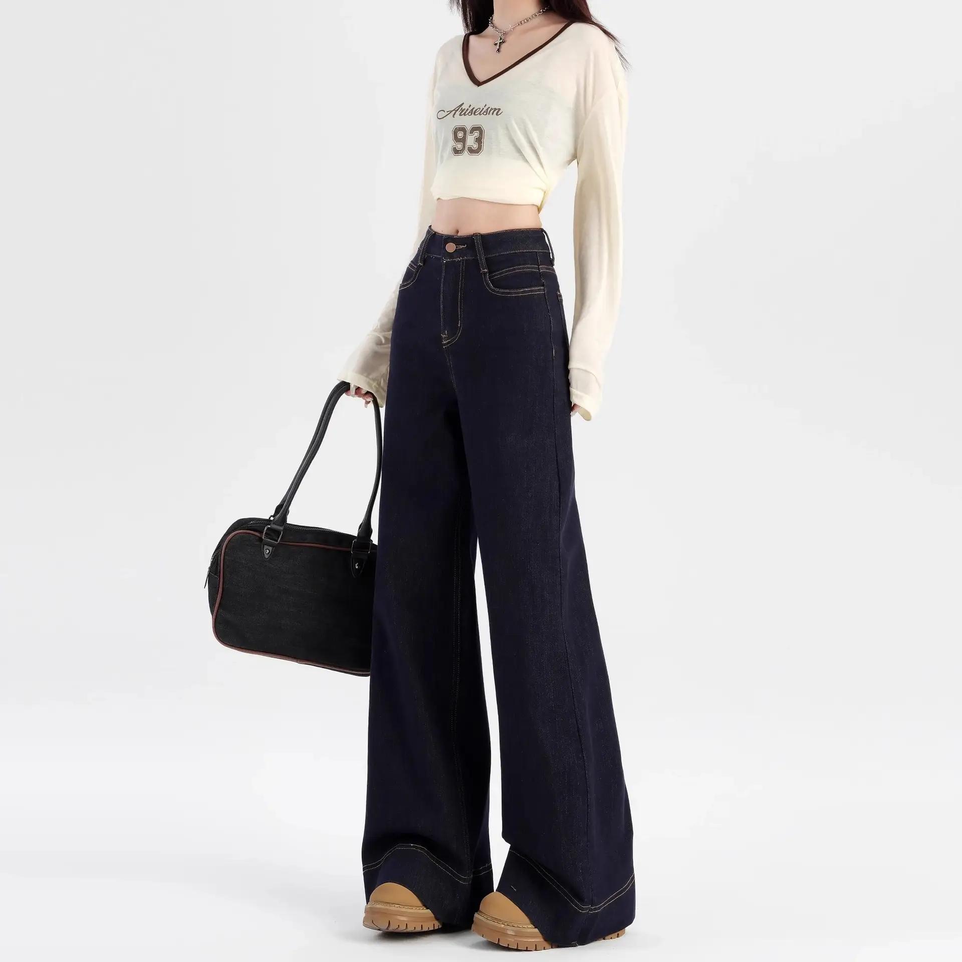 2025 Dark Blue Wide Leg Jeans High Waist Loose Slimming