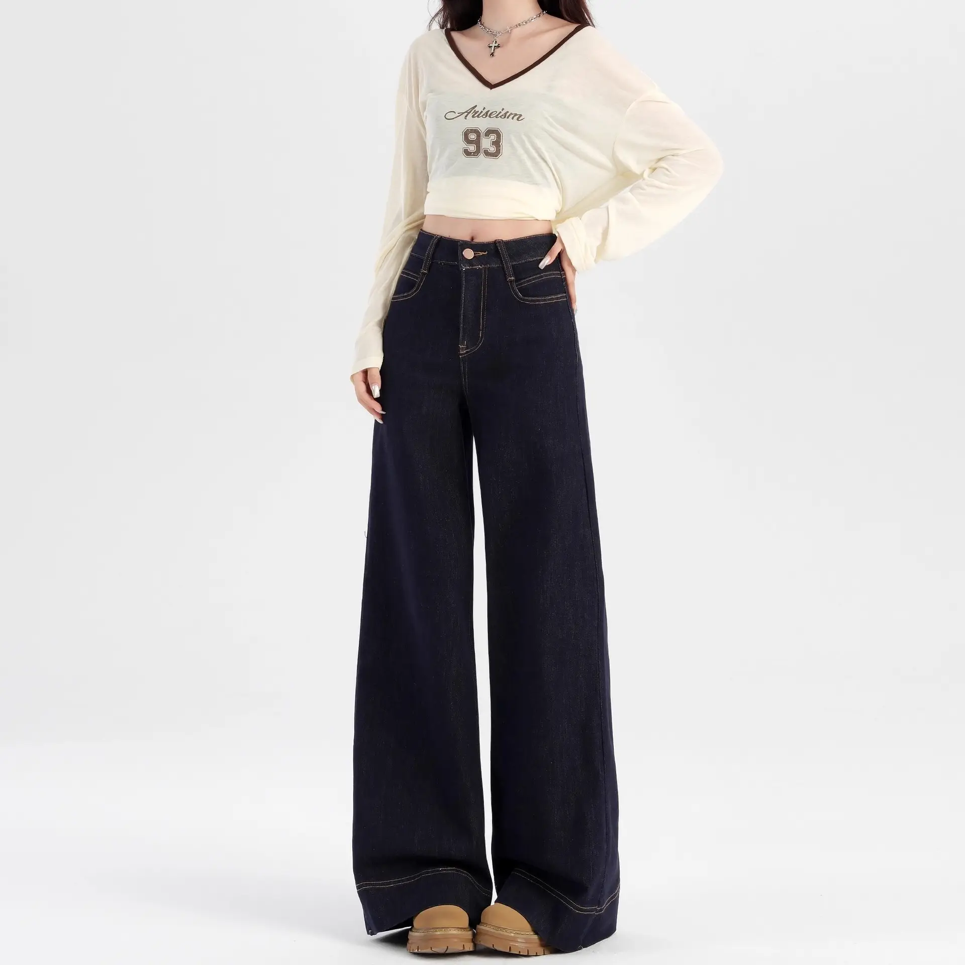 2025 Dark Blue Wide Leg Jeans High Waist Loose Slimming