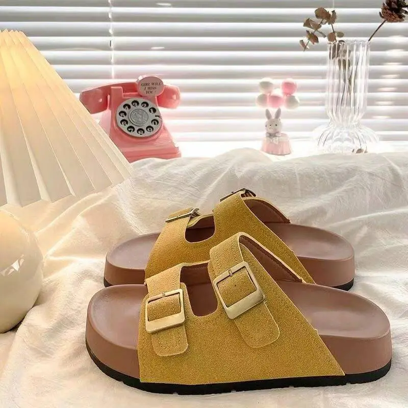 Women's Turquoise French Birkenstock Slippers with Gold Buckles - Image 2