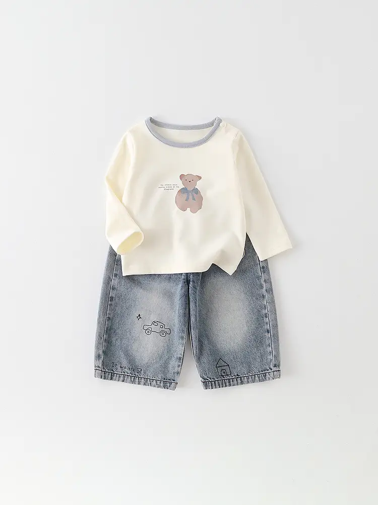 Baby Boy Cotton T-Shirt Shorts Set Cream Denim