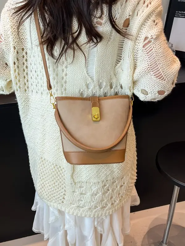 Women Crossbody Bag Beige Leather Bucket Style 2026