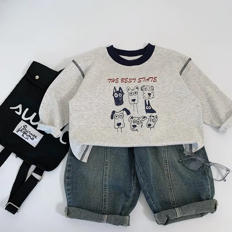 Boys Cotton Graphic T-Shirt Gray Spring Autumn Set