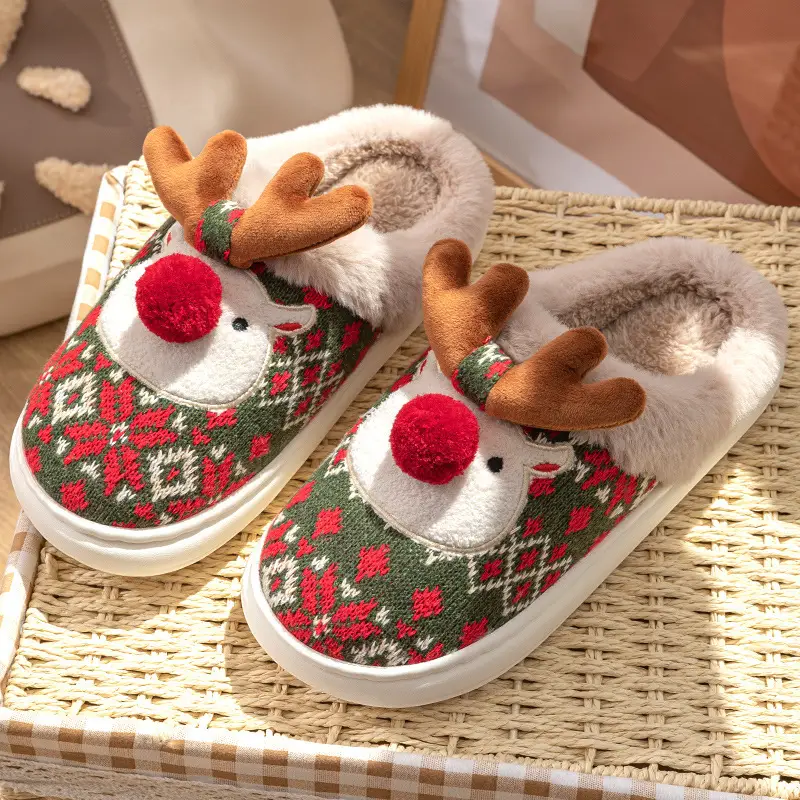 Christmas Deer Embroidered Cotton Slippers for Women Men Winter Warm - Image 10