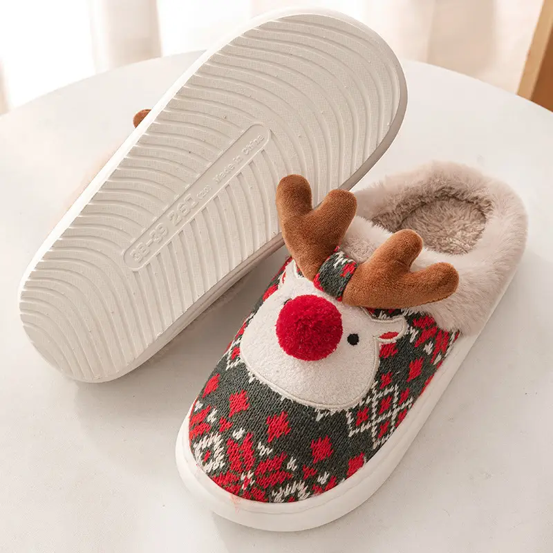 Christmas Deer Embroidered Cotton Slippers for Women Men Winter Warm - Image 11