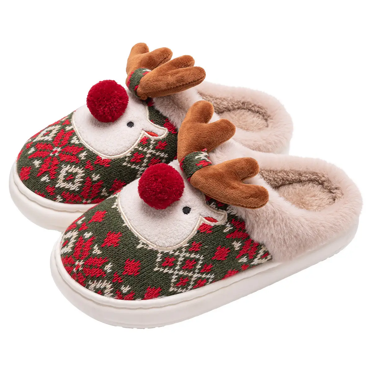 Christmas Deer Embroidered Cotton Slippers for Women Men Winter Warm - Image 14